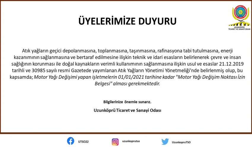 Motor Yağı Değişim Noktası İzin Belgesi Başvuruları Hakkında
