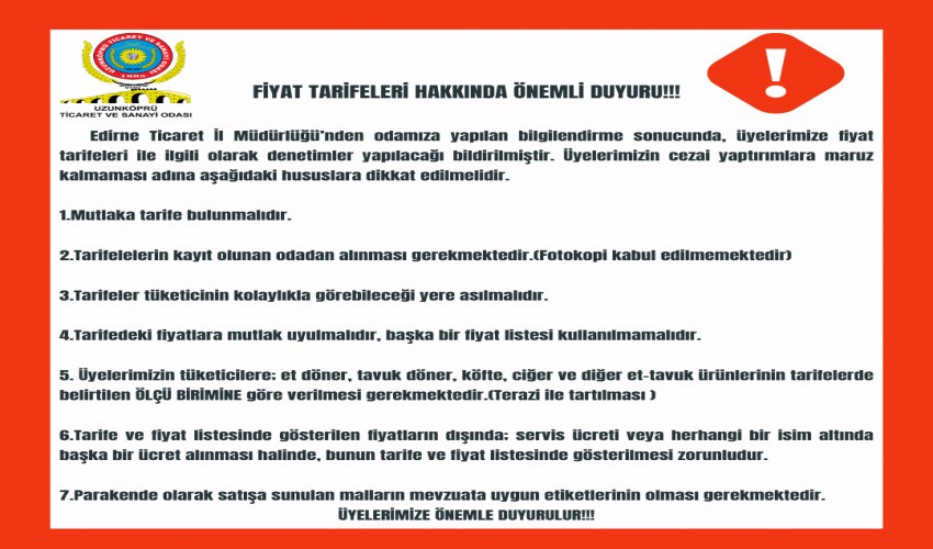 FİYAT TARİFELERİ HAKKINDA ÖNEMLİ DUYURU!!!