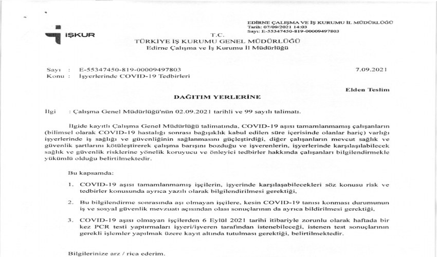 İş Yerlerinde COVID-19 Tedbirleri Hakkında